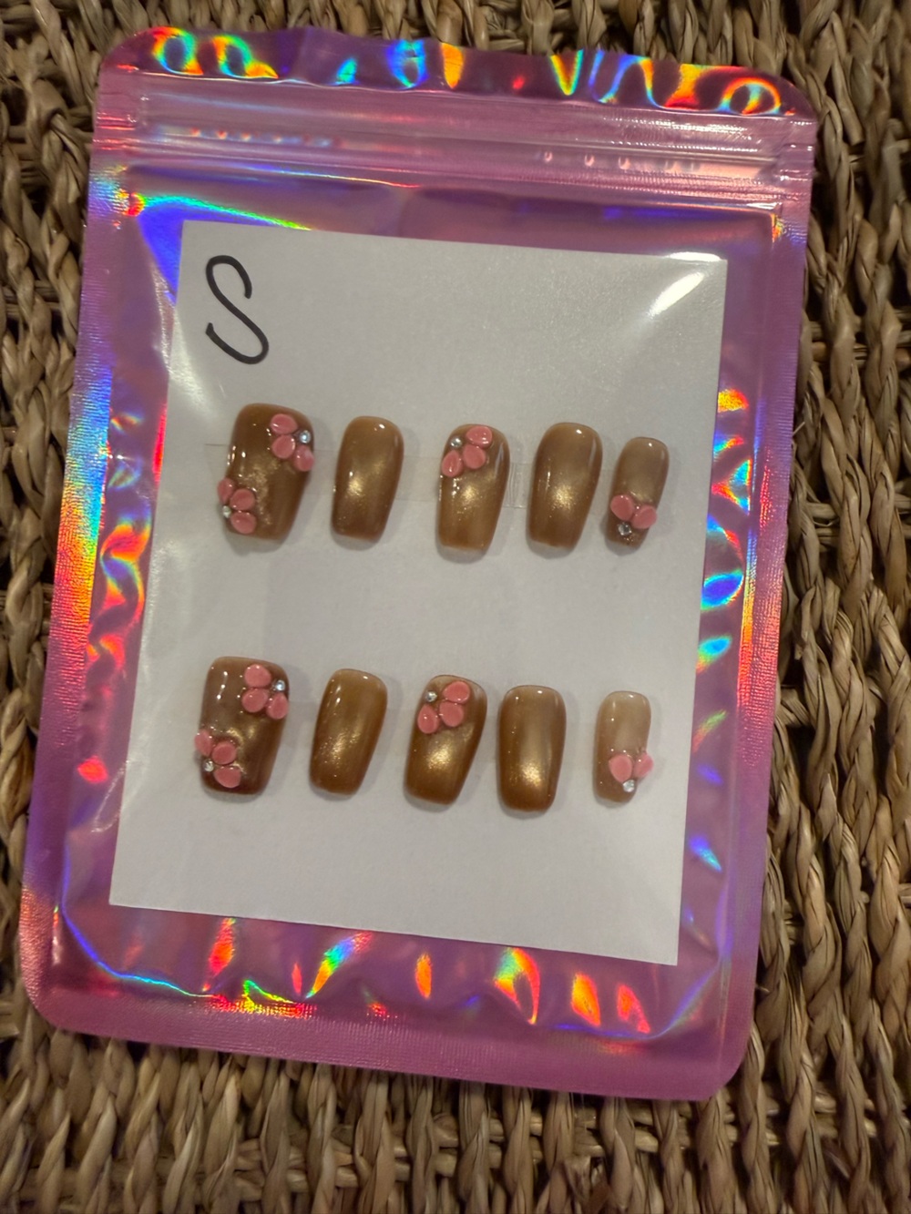 🤎 Handmade Brown Shimmer Press-On Nails with Pink Floral Accents